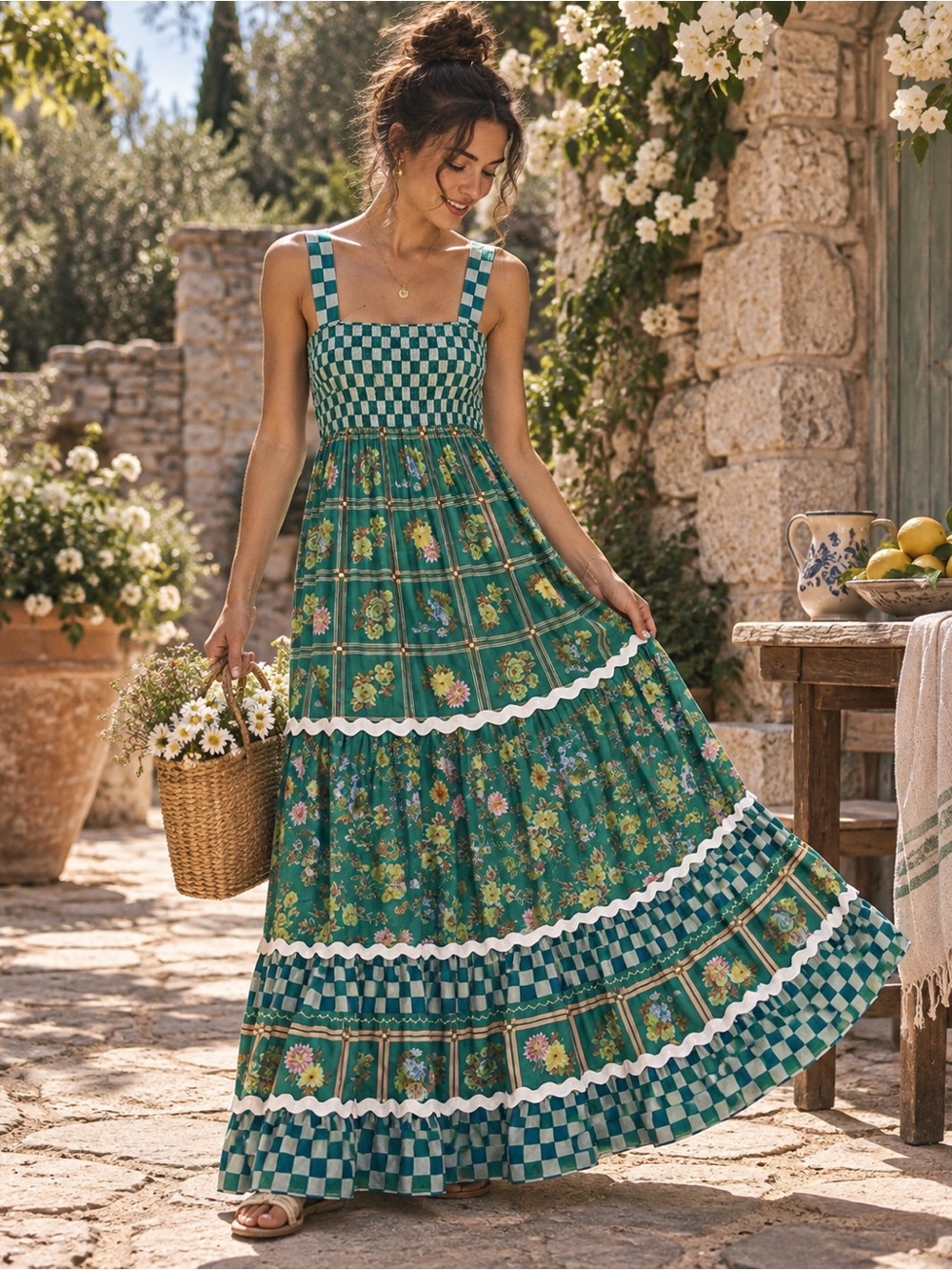 Boho Floral Tiered Maxi Dress in Green